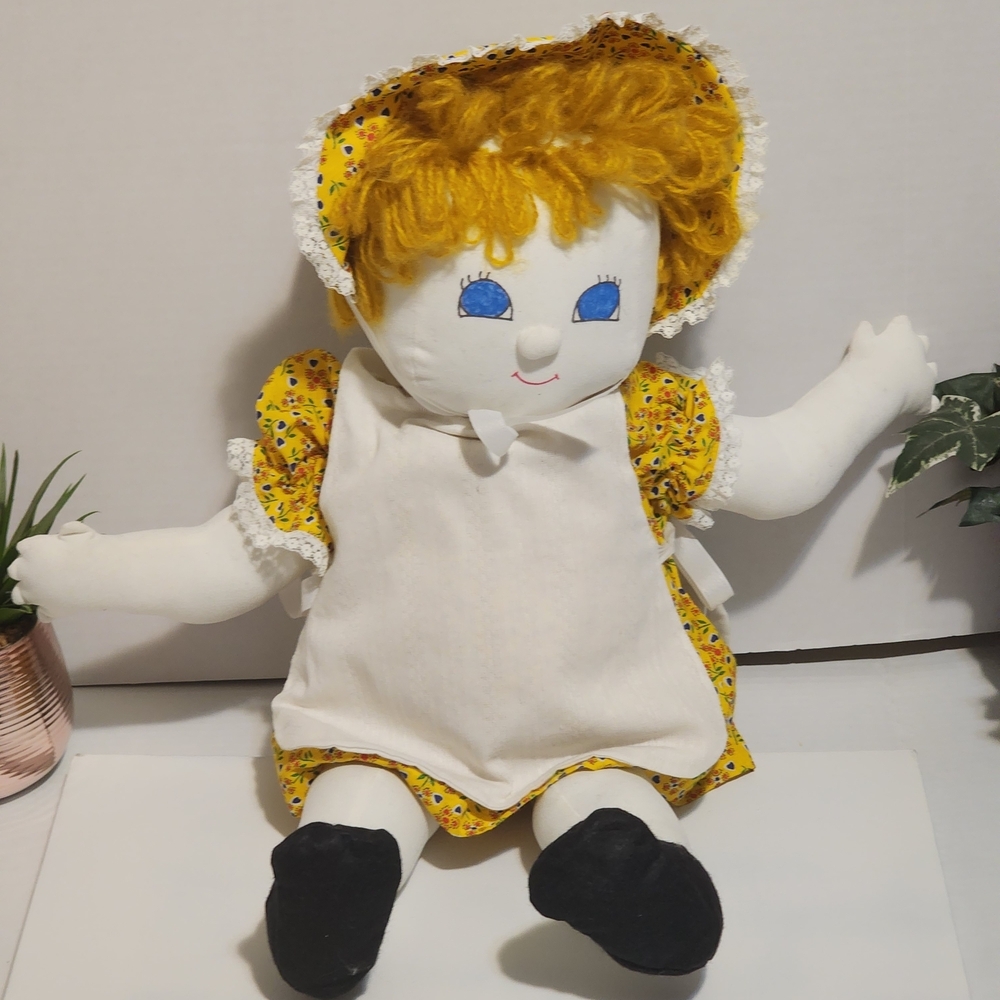 Vintaje Yellow and White Rag Doll with Black Shoes